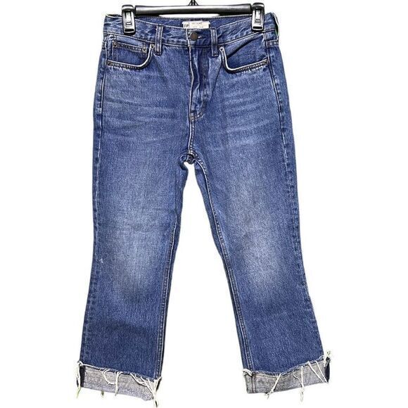 Free People Women's Cropped Capri Jeans Raw Cuffed Hem Five Pocket Blue Size 25 - Picture 1 of 6